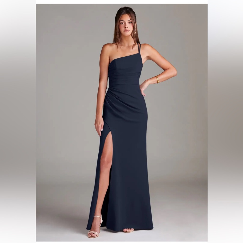 Azazie Eren - Dark Navy Sheath One Shoulder Stretch Crepe Bridesmaid Dress A4